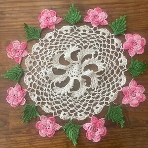 Vintage Crochet Doily with Pink Flowers and Green Leaves  cottage home decor